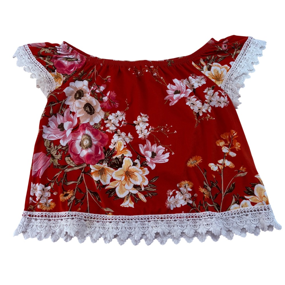 Free Kisses Red Floral Off Shoulder‎ Lace Trim Boho Top Large Made in USA